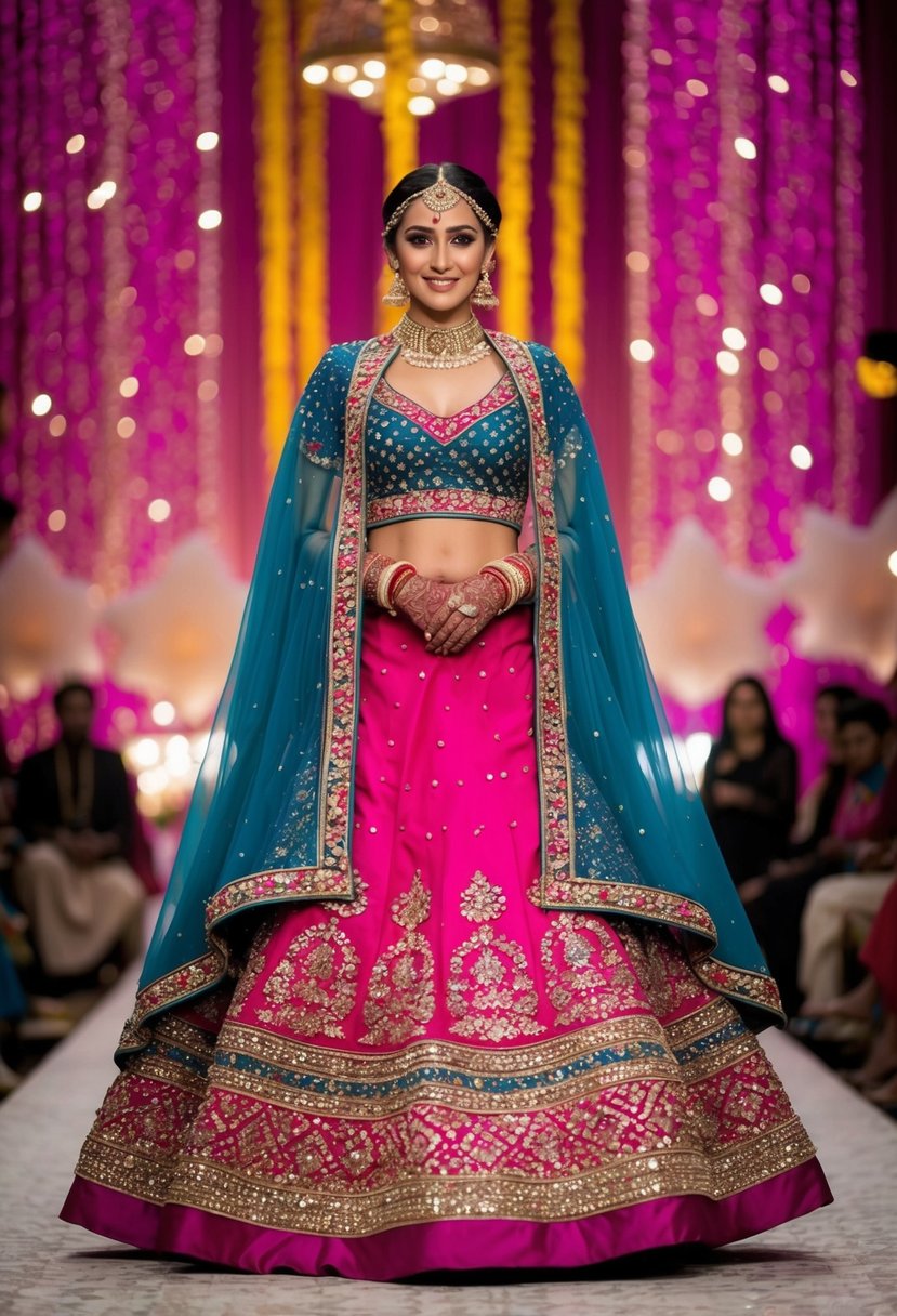 A vibrant cape and skirt set in rich colors, adorned with intricate embroidery and sparkling embellishments, perfect for a traditional desi wedding