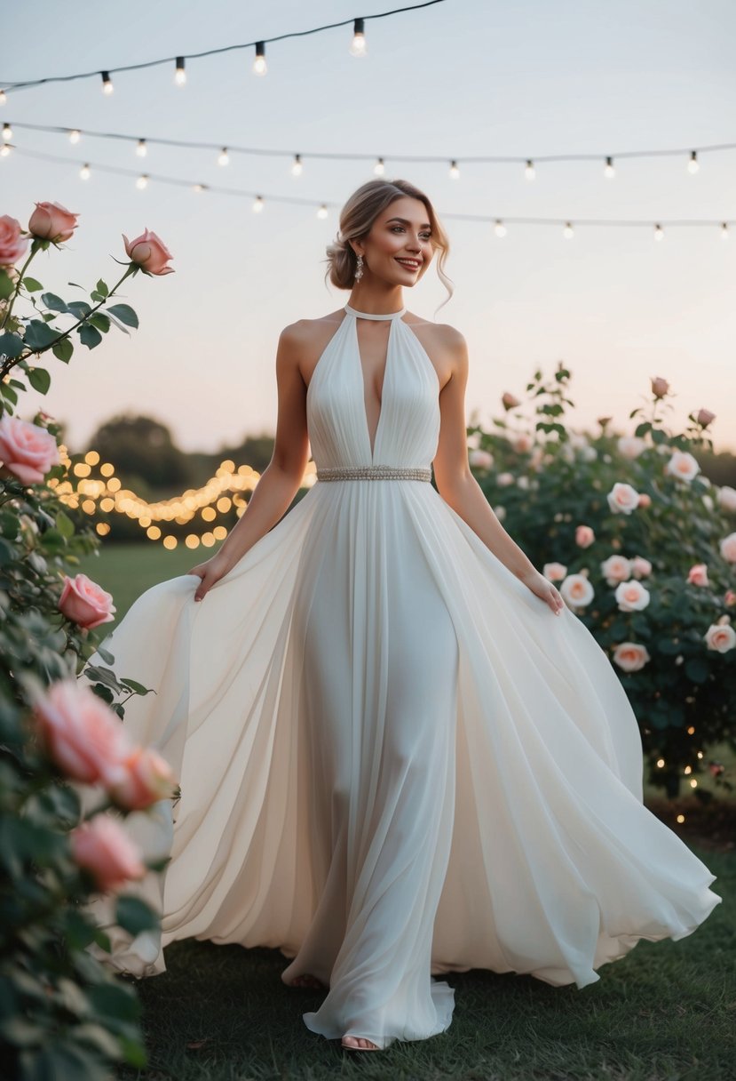 A flowing chiffon halter neck gown billows in a soft breeze, surrounded by blooming roses and twinkling fairy lights