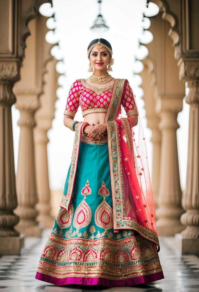 A vibrant fish cut lehenga with intricate desi wedding motifs