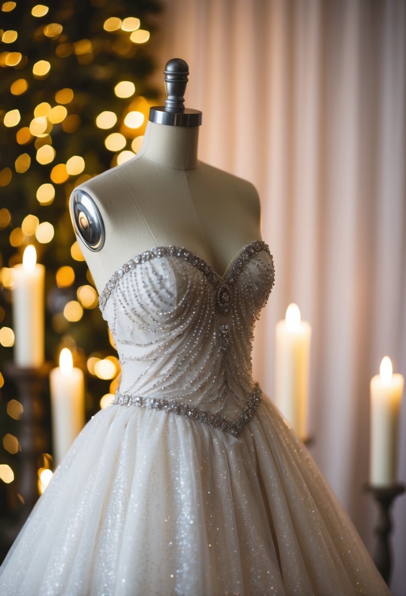 A sparkling ball gown drapes from a mannequin, adorned with delicate lace and shimmering beads, set against a backdrop of soft candlelight