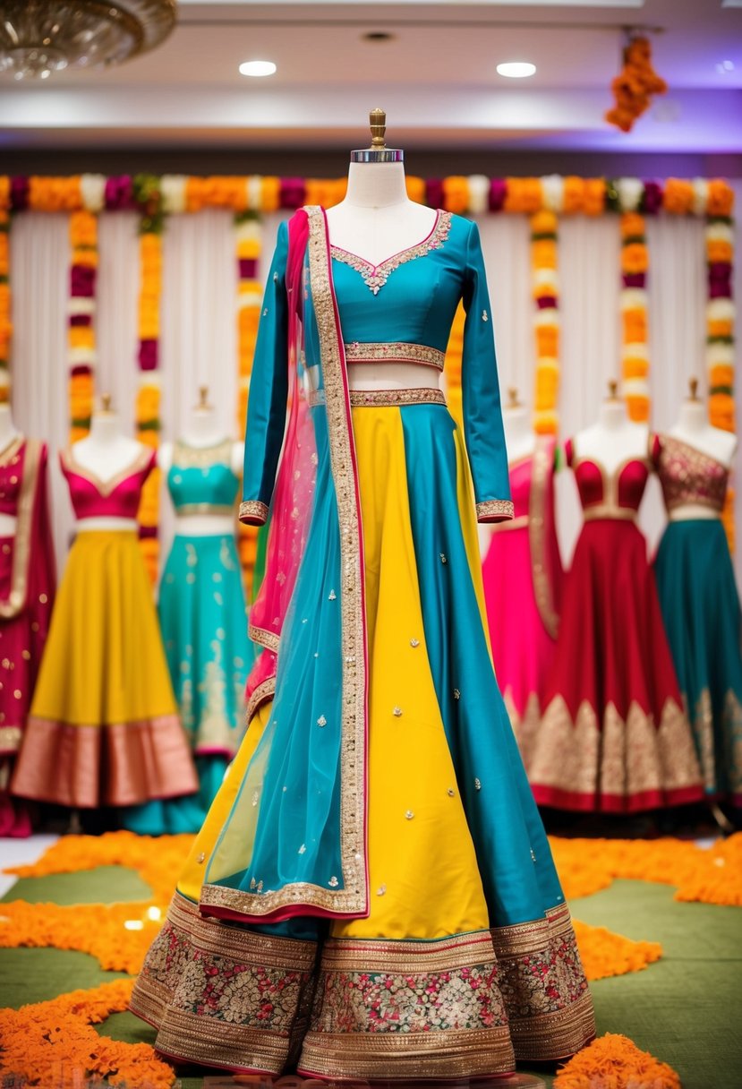 A vibrant wedding venue with colorful Indo-western jumpsuits on display