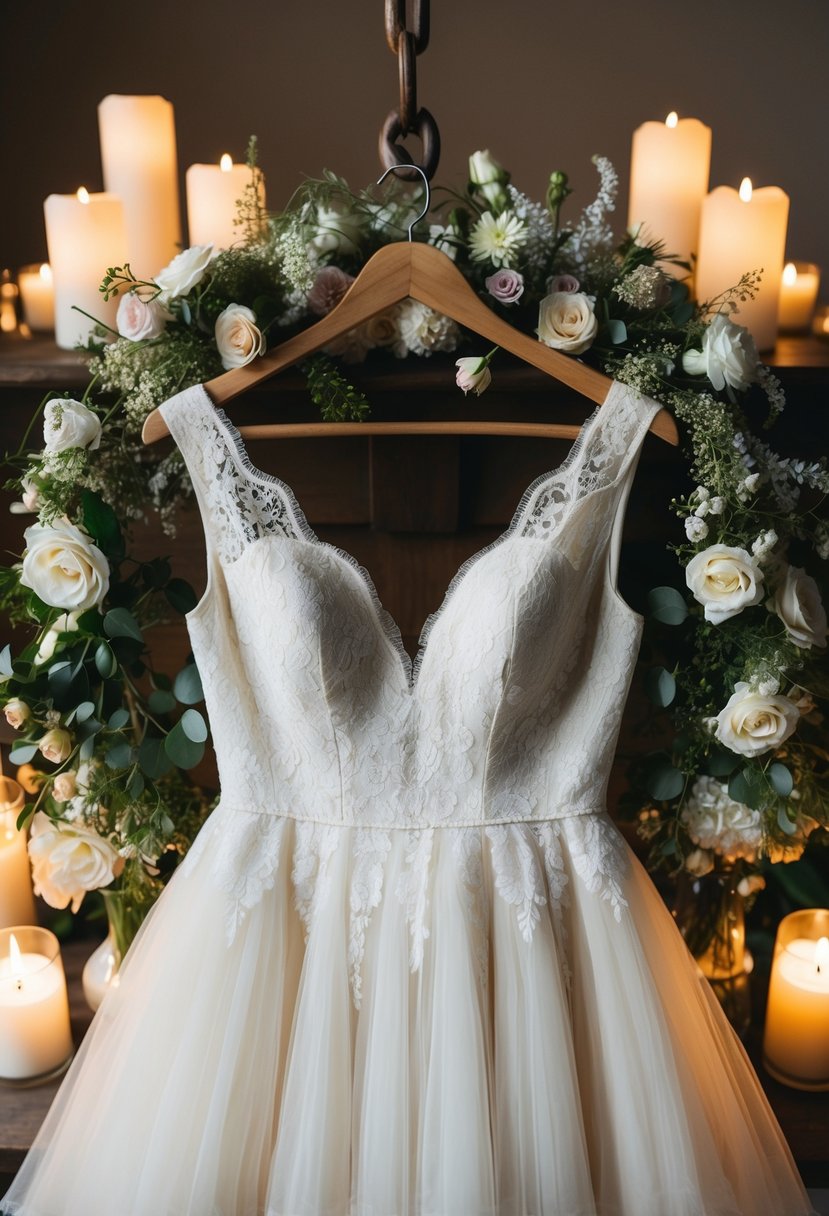 An elegant ivory lace dress hangs on a vintage wooden hanger, surrounded by delicate floral arrangements and soft candlelight