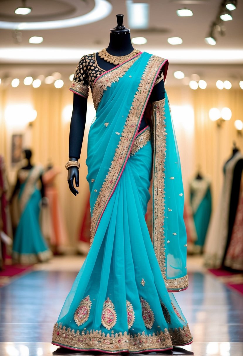 An ornate saree gown draped over a mannequin, adorned with intricate embroidery and traditional Indian motifs