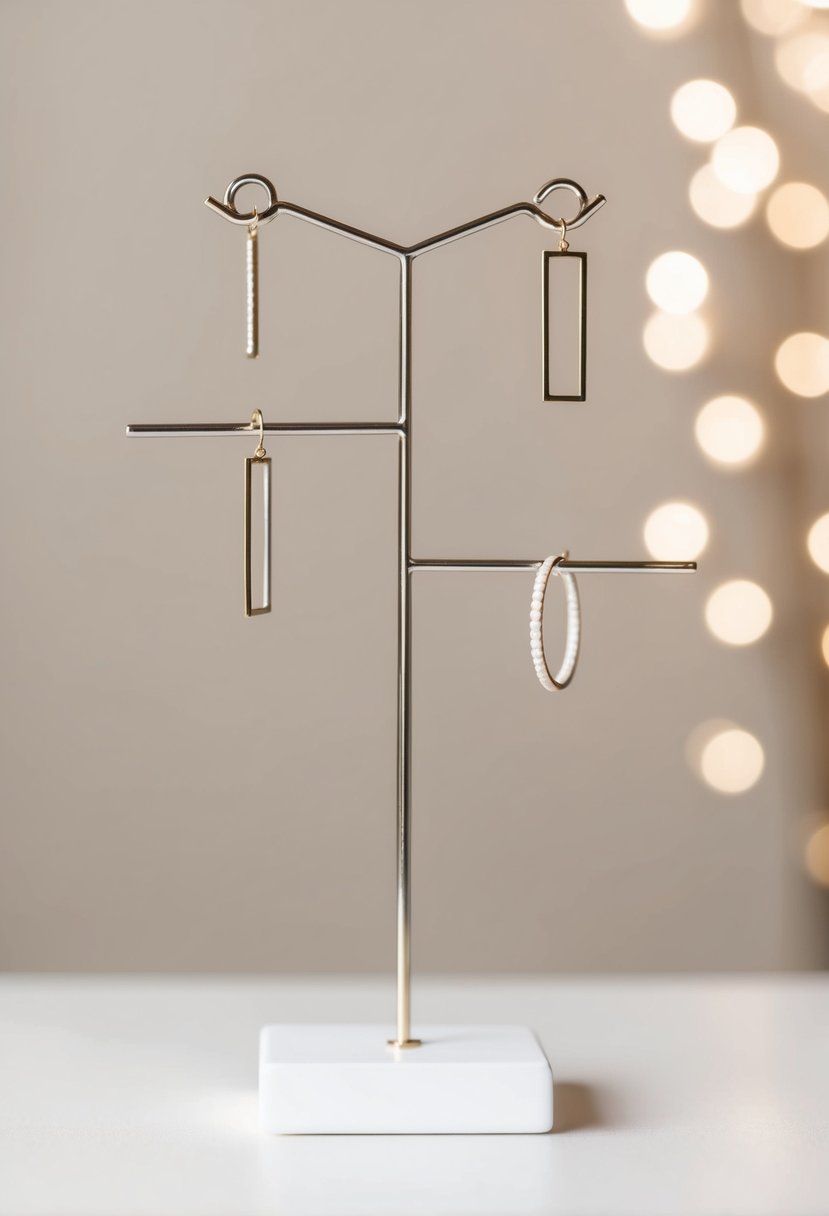 A sleek, simple earring display with geometric shapes and delicate lines against a neutral background