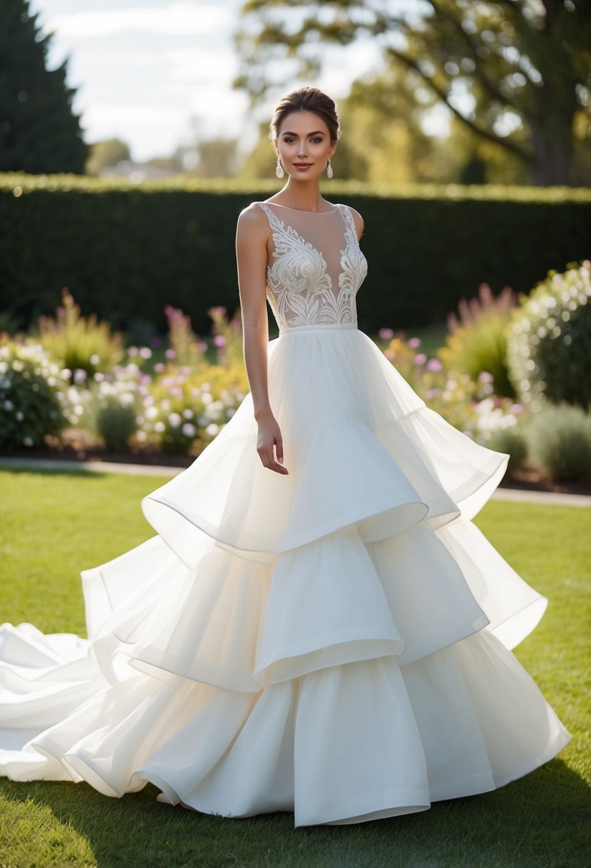 A modern tiered skirt design wedding dress flowing elegantly in a romantic garden setting