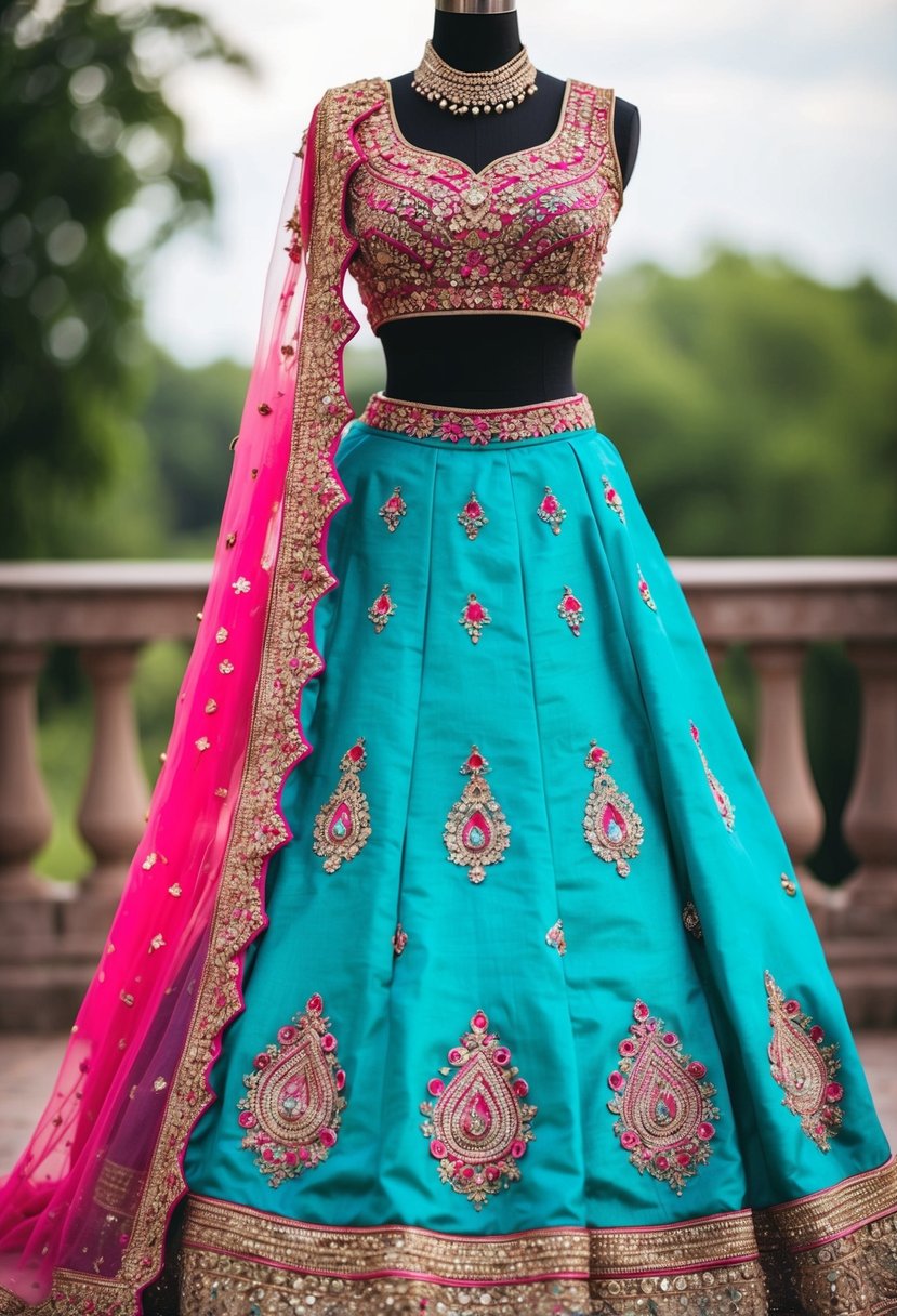 A vibrant lehenga skirt paired with a intricately detailed crop top, adorned with traditional Indian embroidery and embellishments