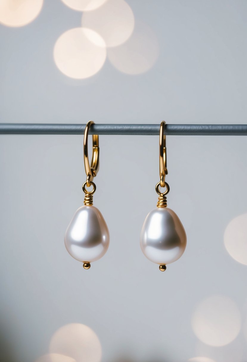 A delicate pair of pearl drop earrings displayed on a simple, white background