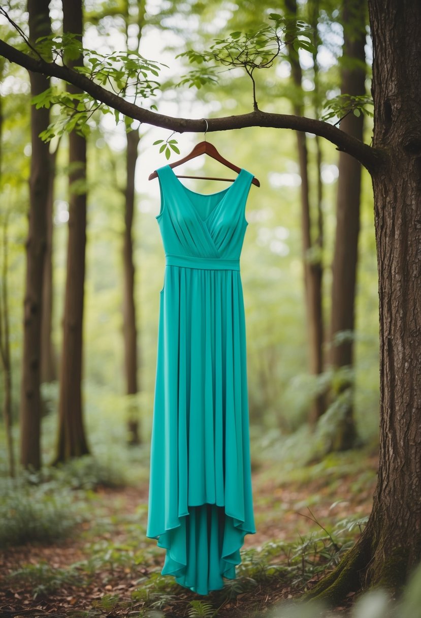 A flowing cap sleeve dress hangs from a branch in a whimsical forest setting