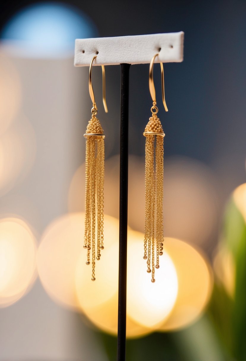 A pair of delicate gold threader earrings suspended from a display stand, with soft lighting casting a warm glow on the elegant design