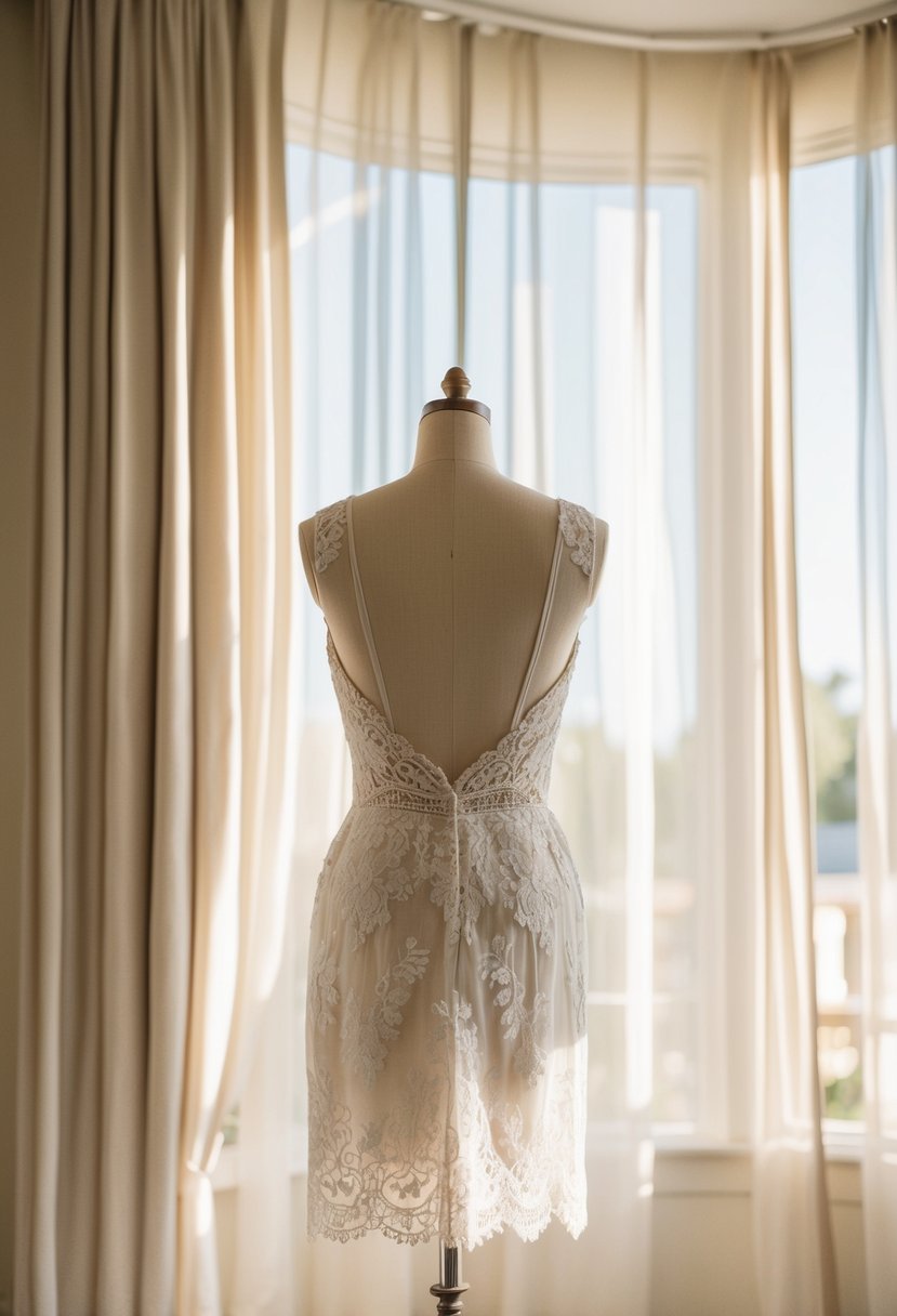 A delicate lace backless gown hanging on a vintage-style dress form in a sunlit room with soft, flowing curtains