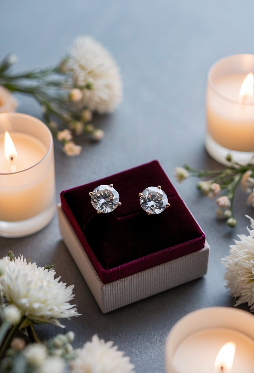 Two elegant cubic zirconia studs displayed on a velvet cushion, surrounded by soft candlelight and delicate floral arrangements