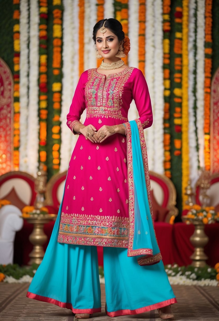 Vibrant Anarkali kurtas paired with flowing palazzo pants, adorned with intricate embroidery and vibrant colors, set against a backdrop of traditional wedding decorations