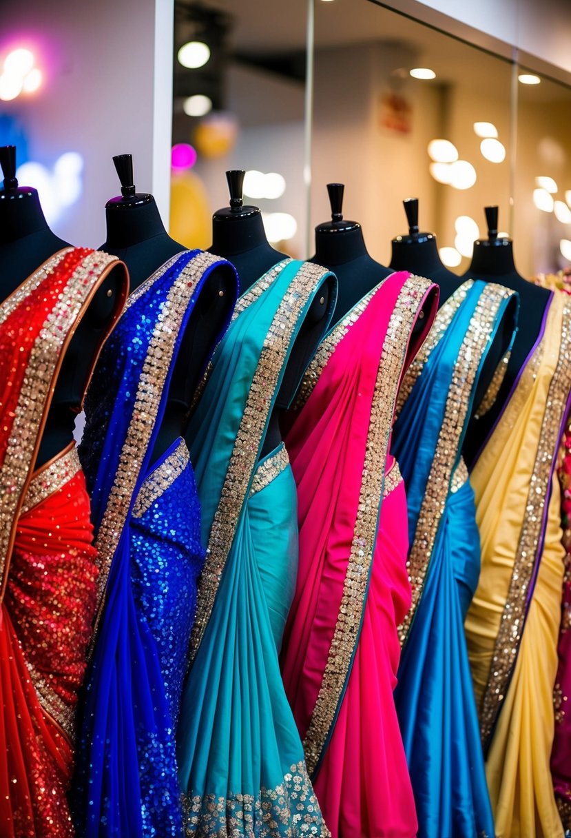 A colorful array of sequinned sarees draped over mannequins at a vibrant desi wedding dress boutique