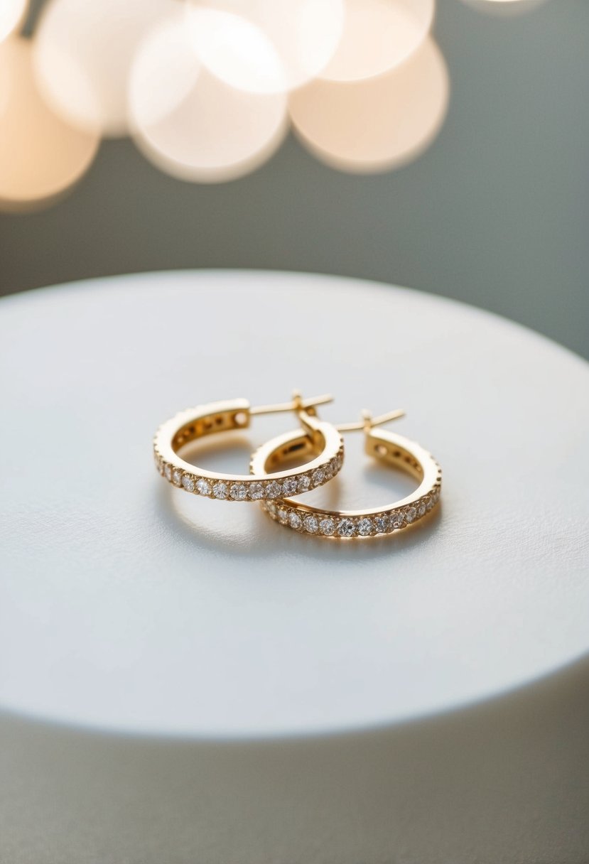 A pair of diamond hoop earrings on a clean, white surface, with soft lighting to highlight their minimalist design