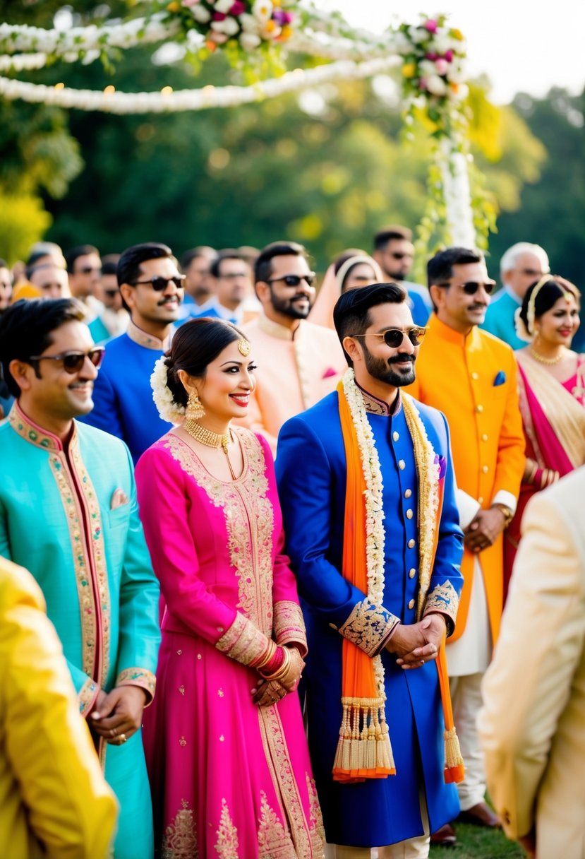 A vibrant outdoor wedding ceremony with guests wearing colorful indo-western outfits, adorned with intricate embroidery and flowing fabrics