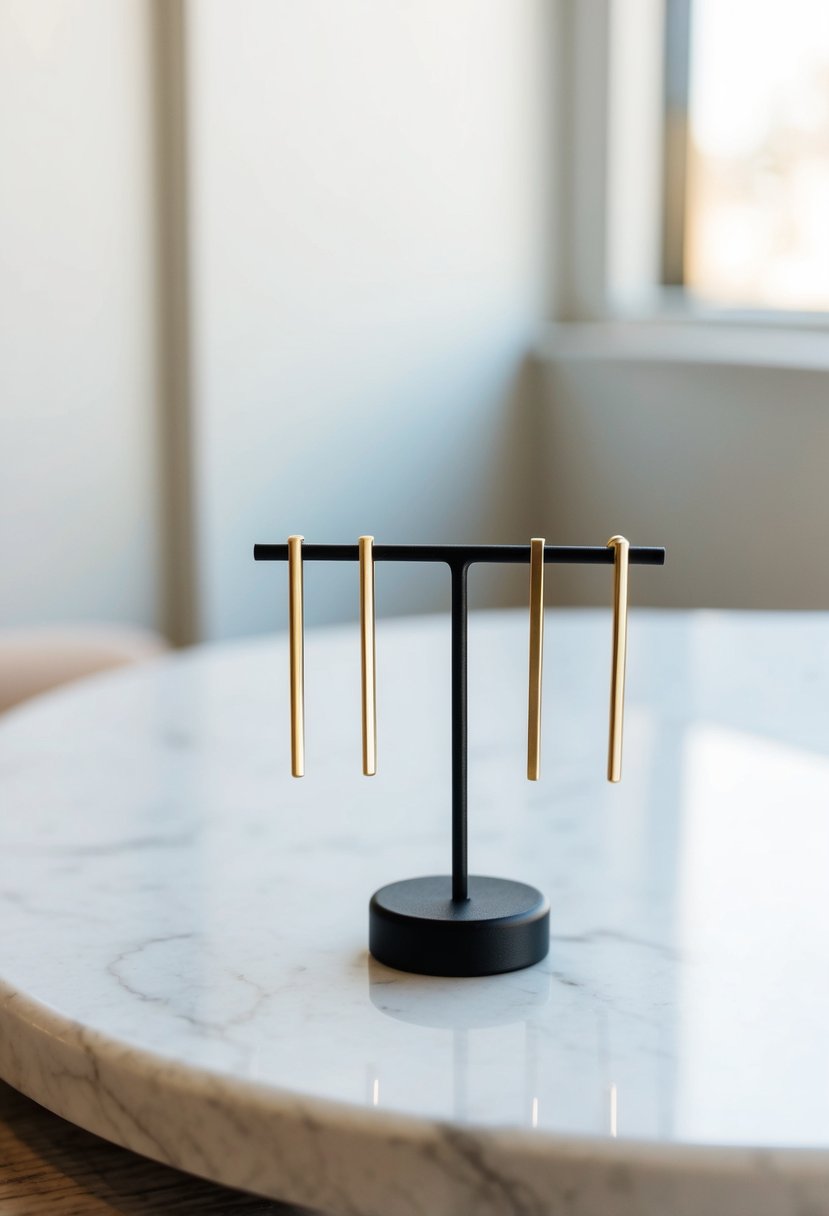 A simple, elegant display of slim bar earrings on a white marble surface with soft natural lighting