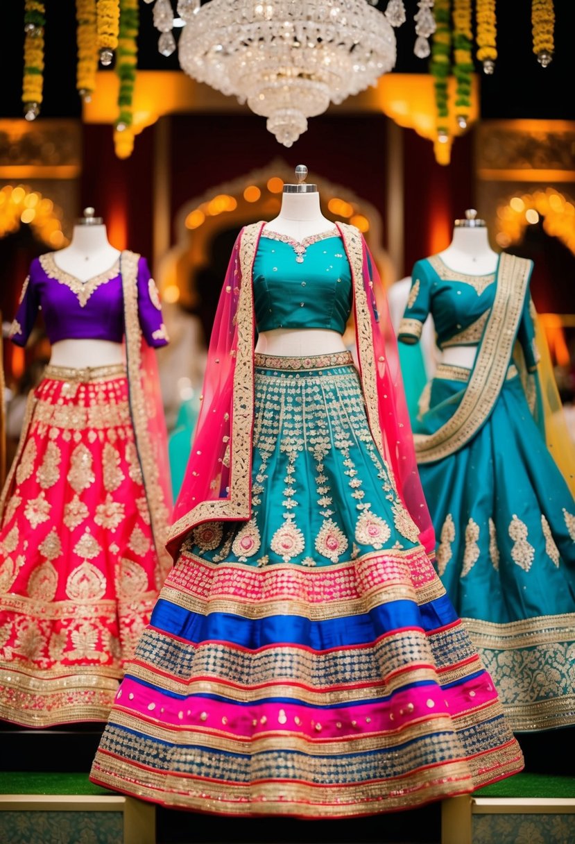 A lavish display of colorful silk lehengas, adorned with intricate embroidery and shimmering embellishments, set against a backdrop of opulent Indian wedding decor