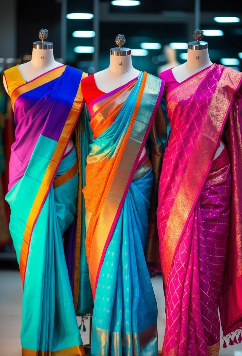 Vibrant sarees with contemporary patterns draped on mannequins