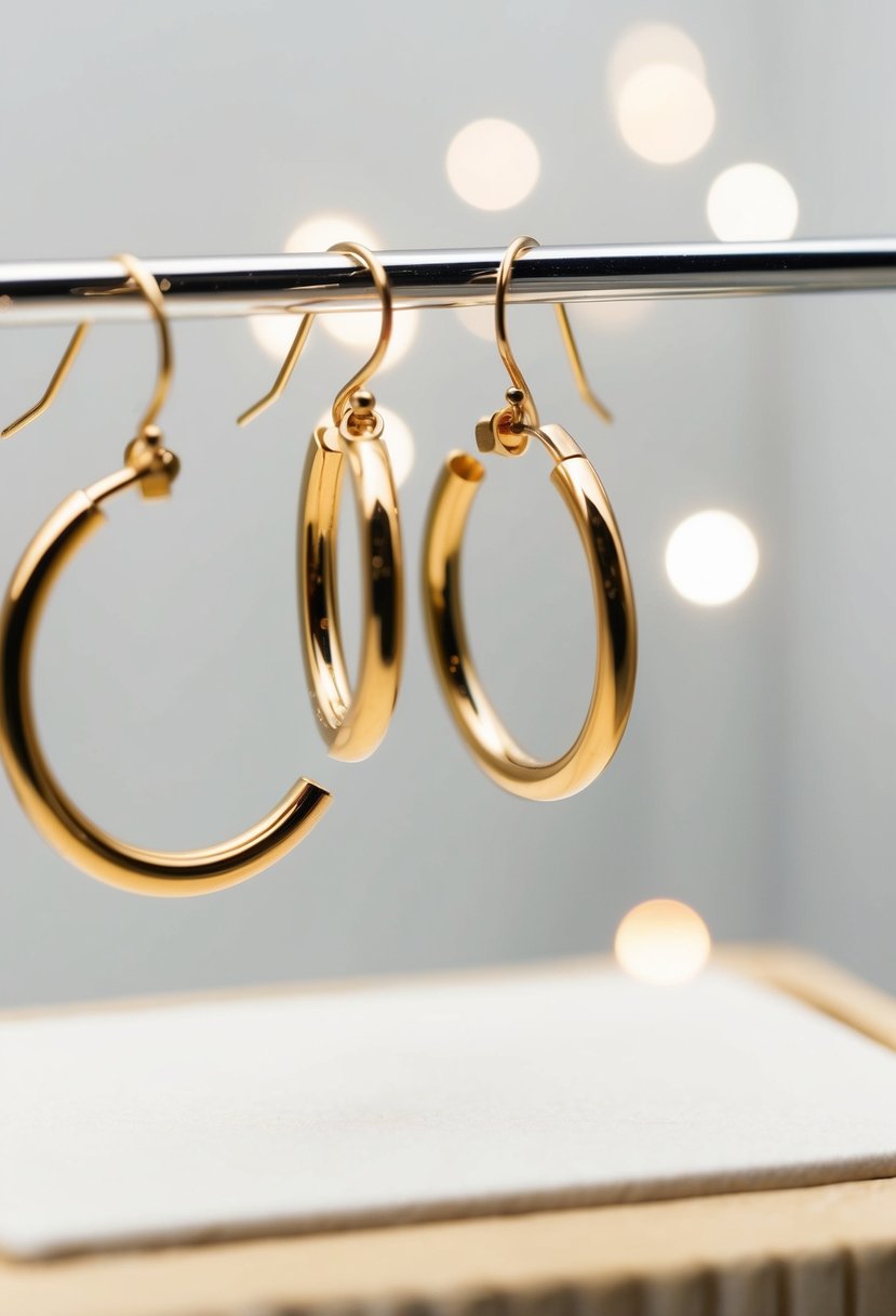 A delicate, gold huggie hoop earring hangs from a simple, elegant display