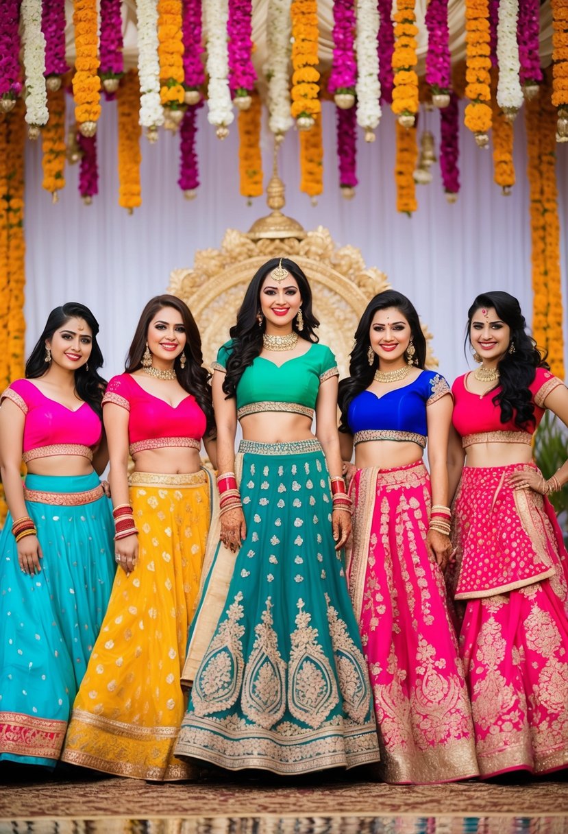 A group of vibrant crop tops paired with intricately designed lehenga skirts, set against a backdrop of traditional Indian wedding decor