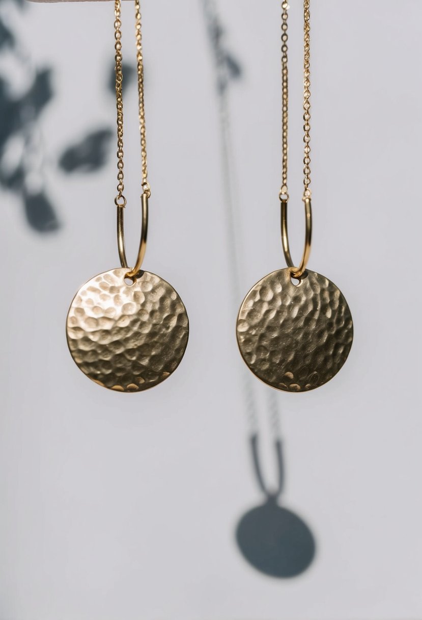 Two hammered disc earrings suspended in mid-air, casting a soft shadow against a plain background