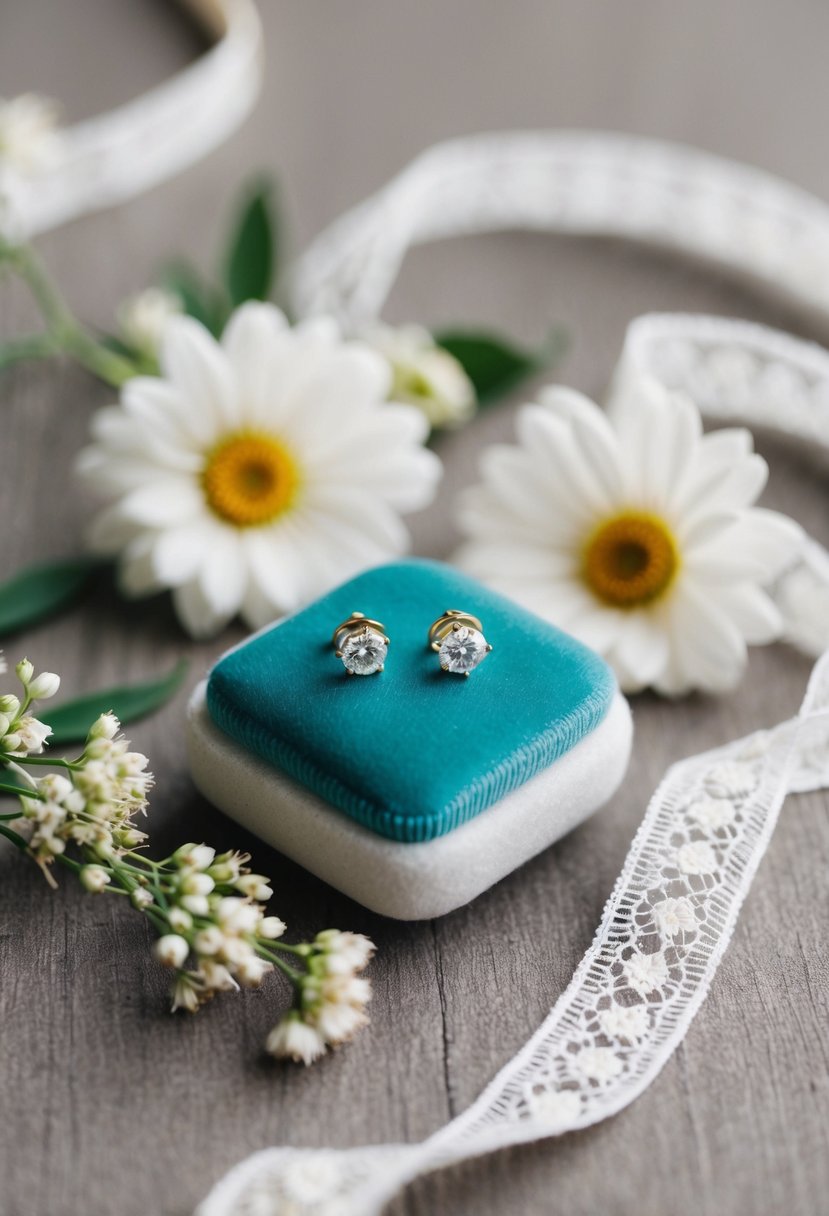 Two small white gold studs on a velvet cushion, surrounded by delicate flowers and a lace ribbon