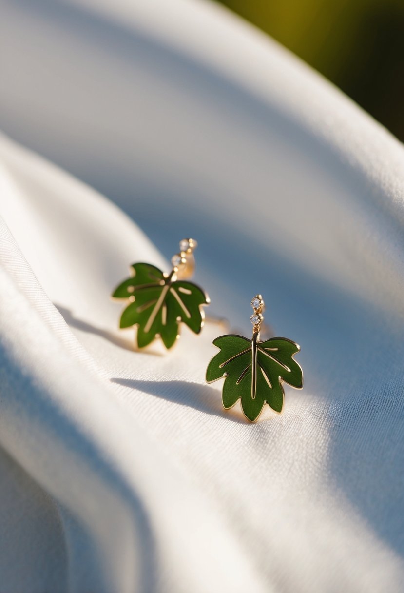 A pair of delicate mini leaf earrings resting on a white silk fabric with soft natural lighting