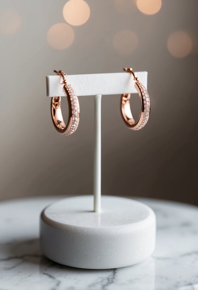 Delicate rose gold earrings displayed on a white marble pedestal with soft lighting