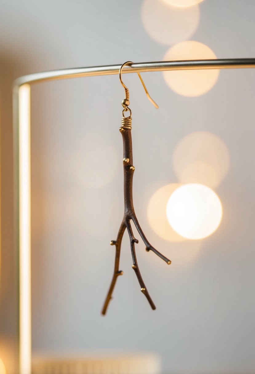 A delicate twig-inspired earring hangs from a minimalist display, surrounded by soft, natural lighting