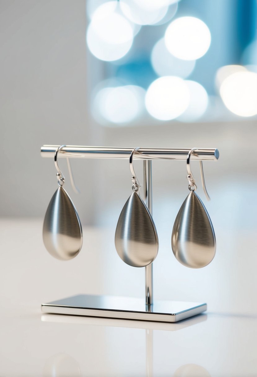 A sleek, modern display of brushed silver teardrop earrings on a clean, white surface