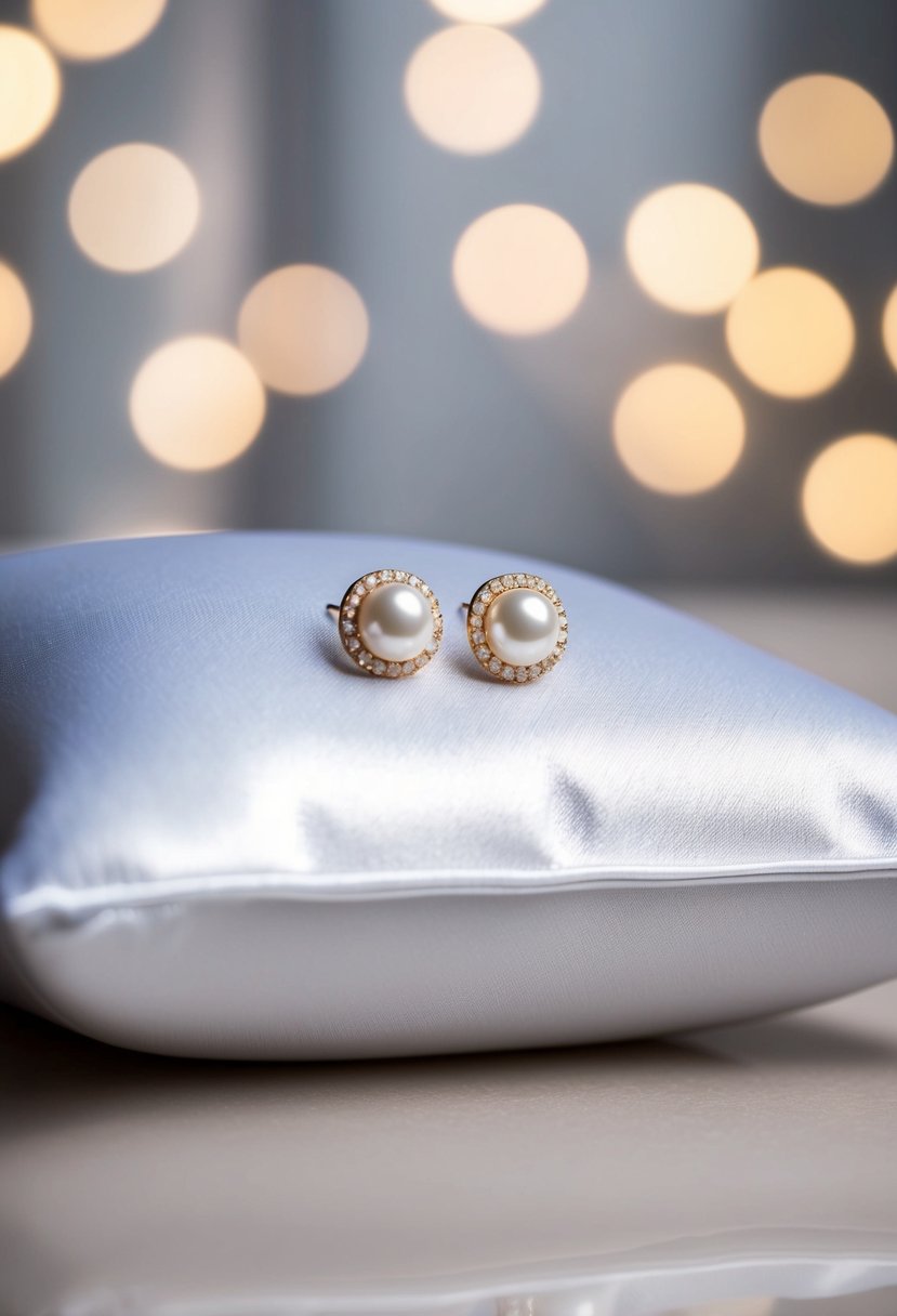 A white satin pillow with two pearl stud earrings resting on it