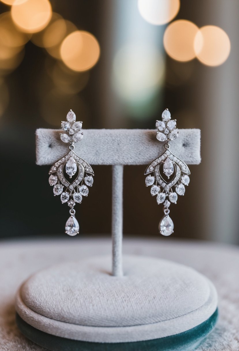 A pair of elegant wedding earrings, featuring intricate details and sparkling gemstones, displayed on a velvet cushion