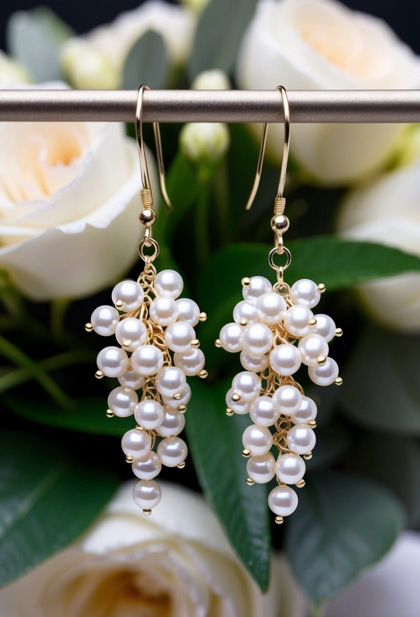 A pair of pearl cluster drop earrings hanging from a delicate huggie, with a wedding bouquet in the background