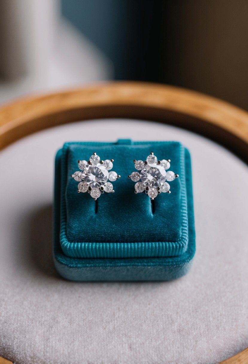 A pair of diamond stud bridal earrings huggies displayed on a velvet cushion with soft lighting