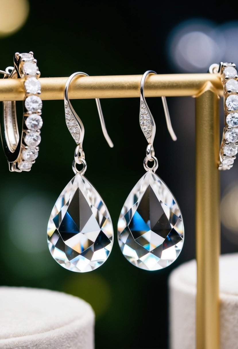 A pair of crystal teardrop dangle earrings hanging from a display, surrounded by other wedding jewelry