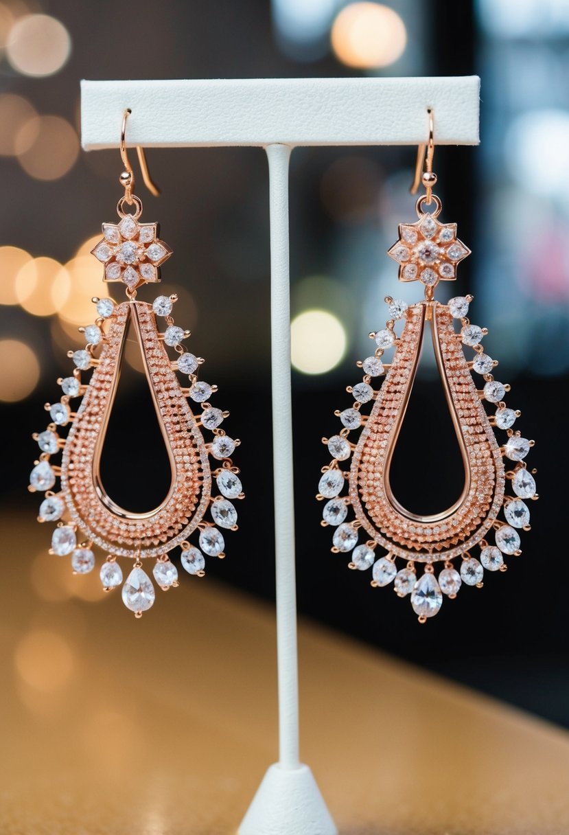 A pair of rose gold chandelier earrings dangle elegantly from a display stand, catching the light and sparkling with intricate details