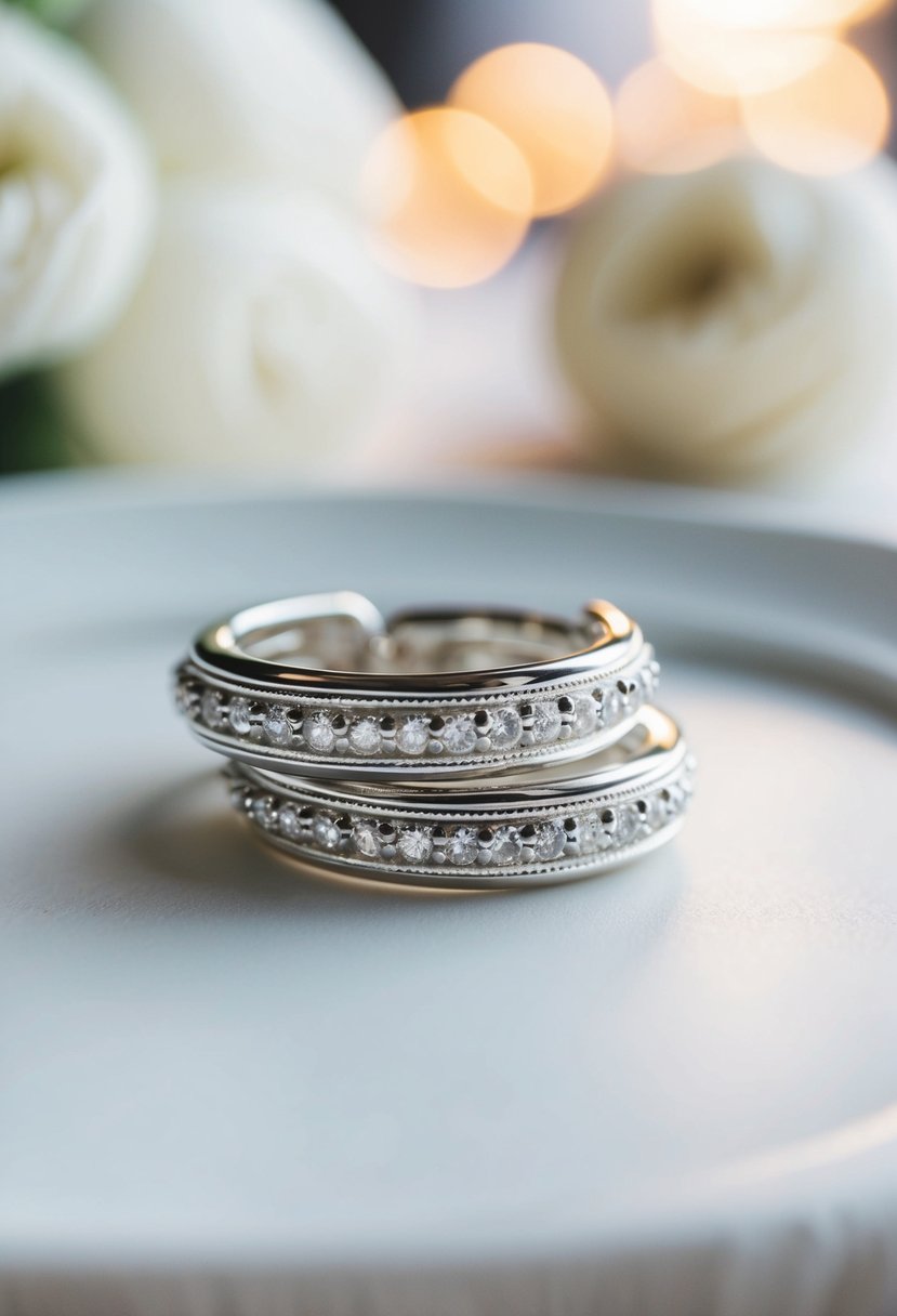 A close-up of white gold hoop earrings, with intricate details and a huggie style, sparkling in the soft light of a wedding setting