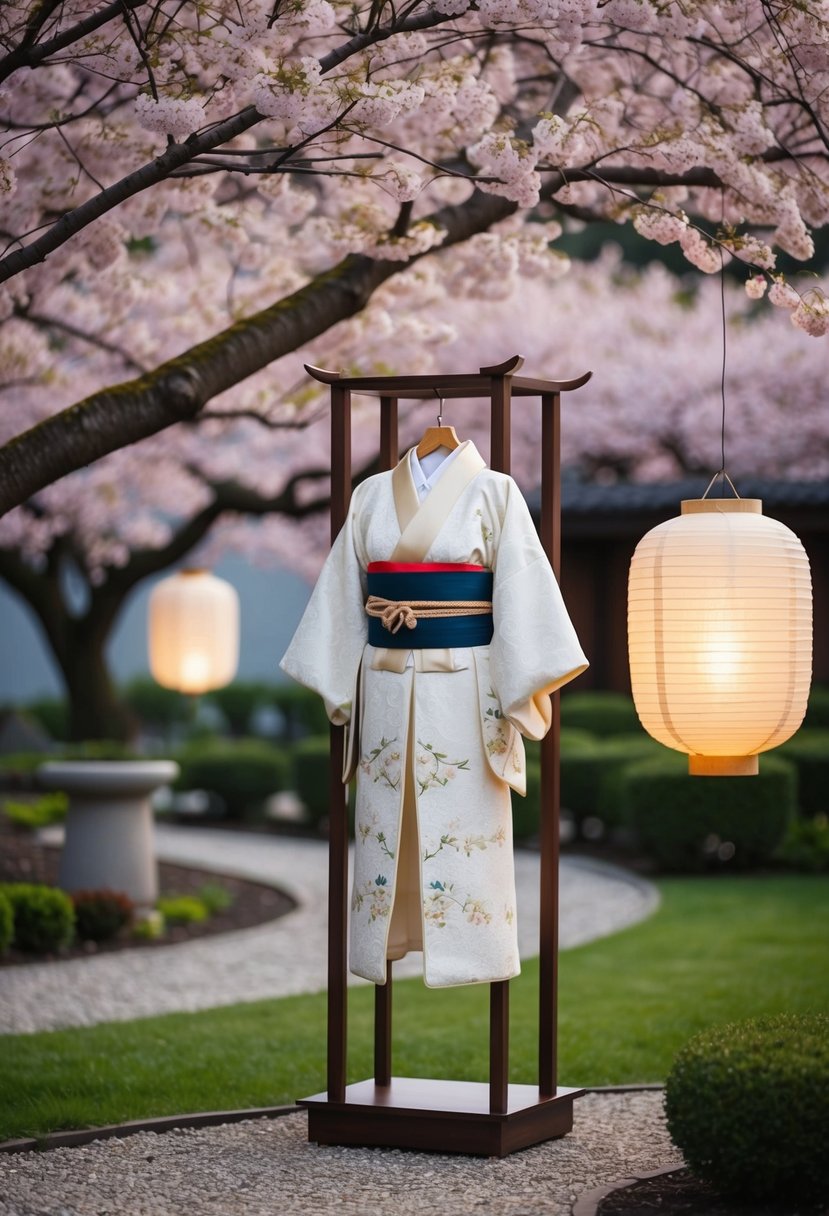 A serene garden with cherry blossom trees, a traditional Japanese wedding kimono displayed on a wooden stand, and a paper lantern softly glowing in the background