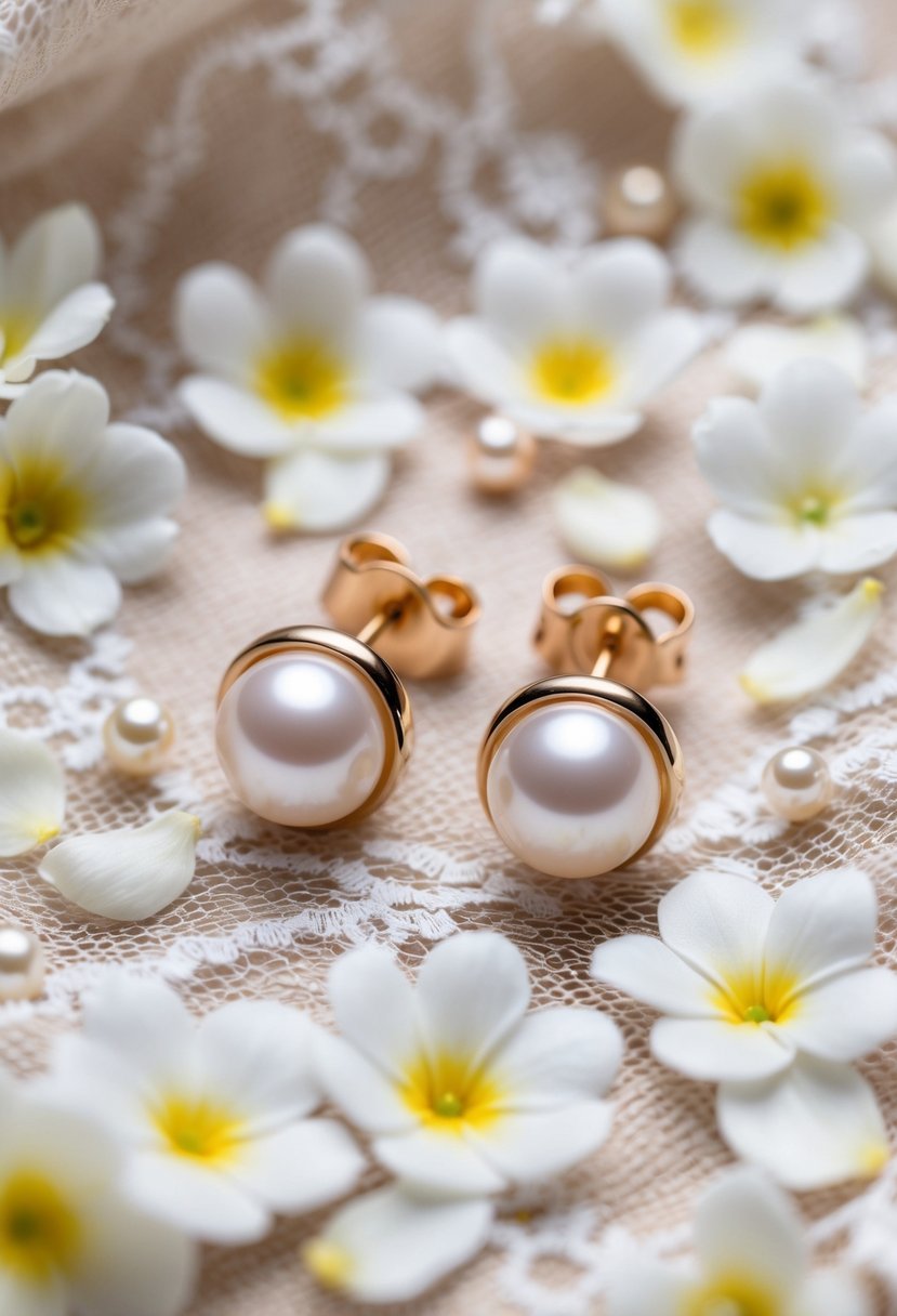 A pair of freshwater pearl stud earrings and huggies arranged on a delicate lace fabric, surrounded by tiny white flower petals