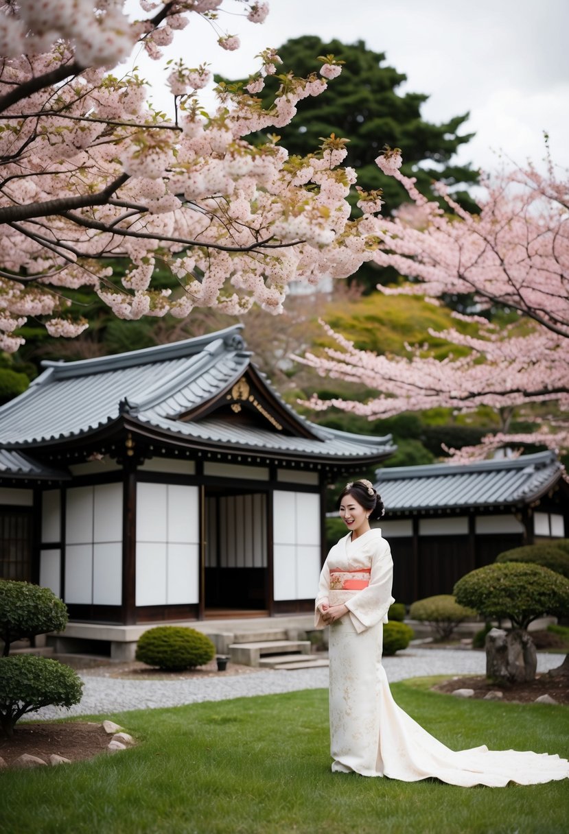 A serene garden setting with a traditional Japanese tea house, adorned with blooming cherry blossoms and a bride in a beautiful bridal kimono