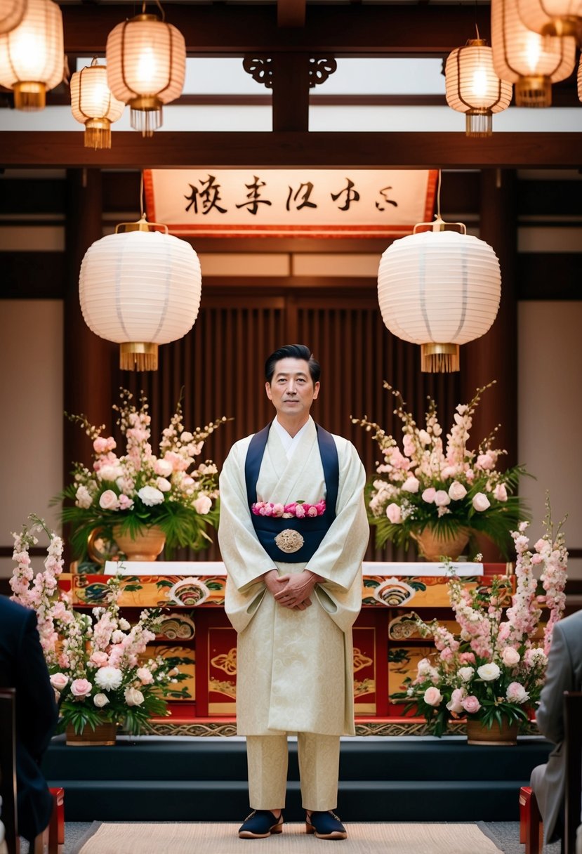 A Montsuki-clad groom stands before a traditional Japanese wedding altar, adorned with elegant floral arrangements and delicate paper lanterns