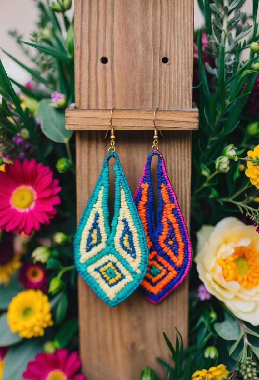 Colorful bohemian-style huggie earrings dangle from a rustic wooden display, surrounded by vibrant flowers and greenery, creating a whimsical and romantic wedding accessory idea