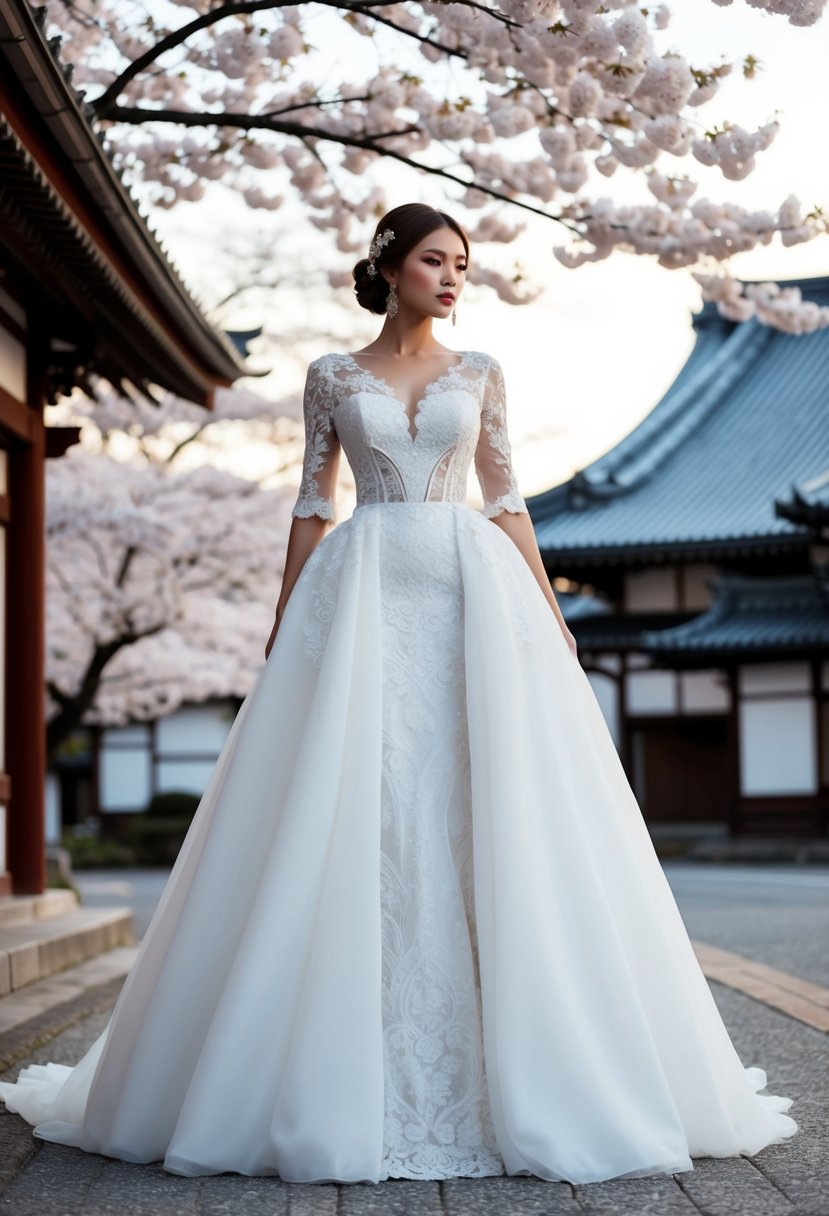 A flowing white gown with intricate lace and western-style details, set against a backdrop of traditional Japanese architecture and cherry blossoms