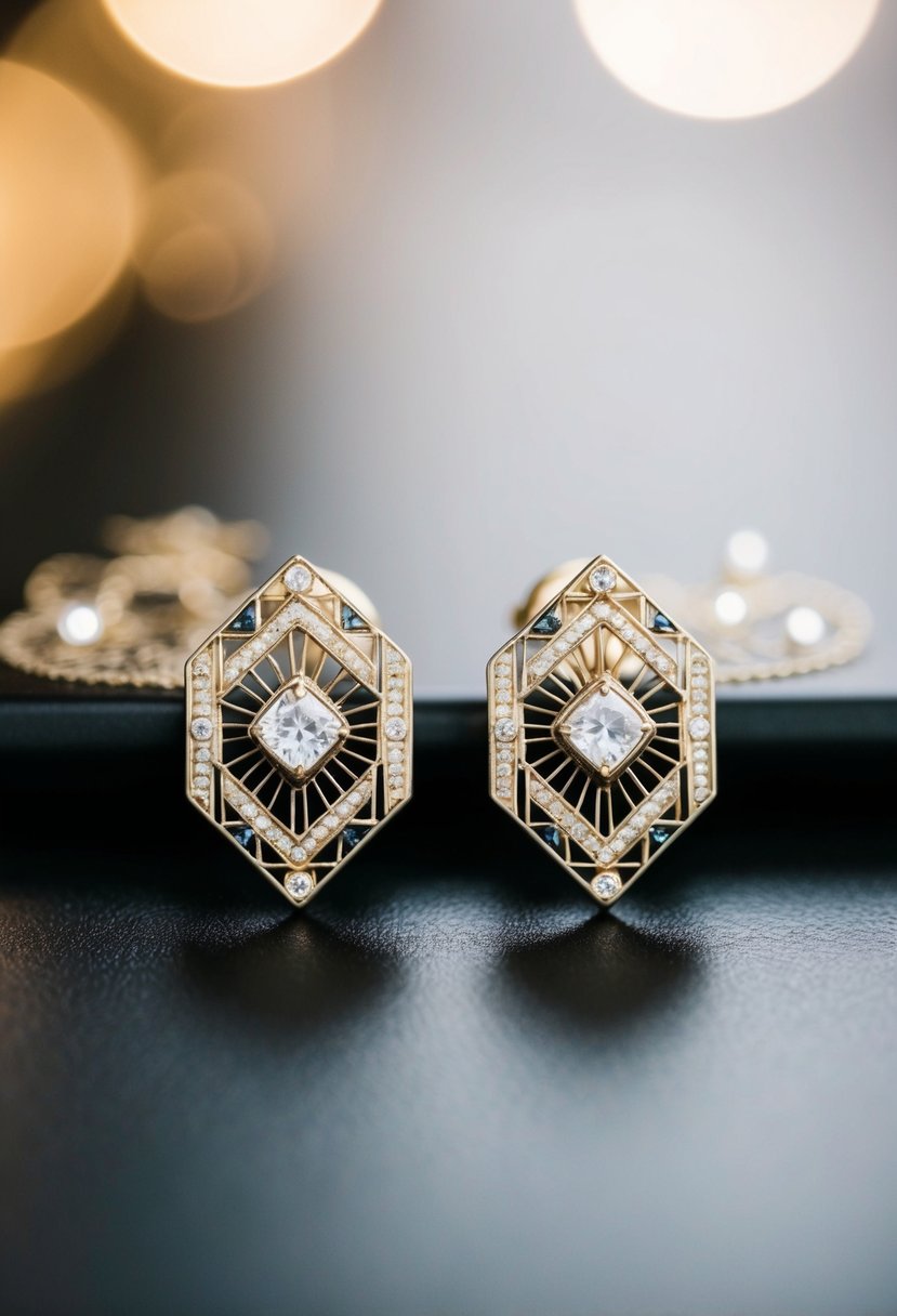 A pair of Art Deco bridal earrings huggies with intricate geometric patterns, sparkling gemstones, and delicate filigree details