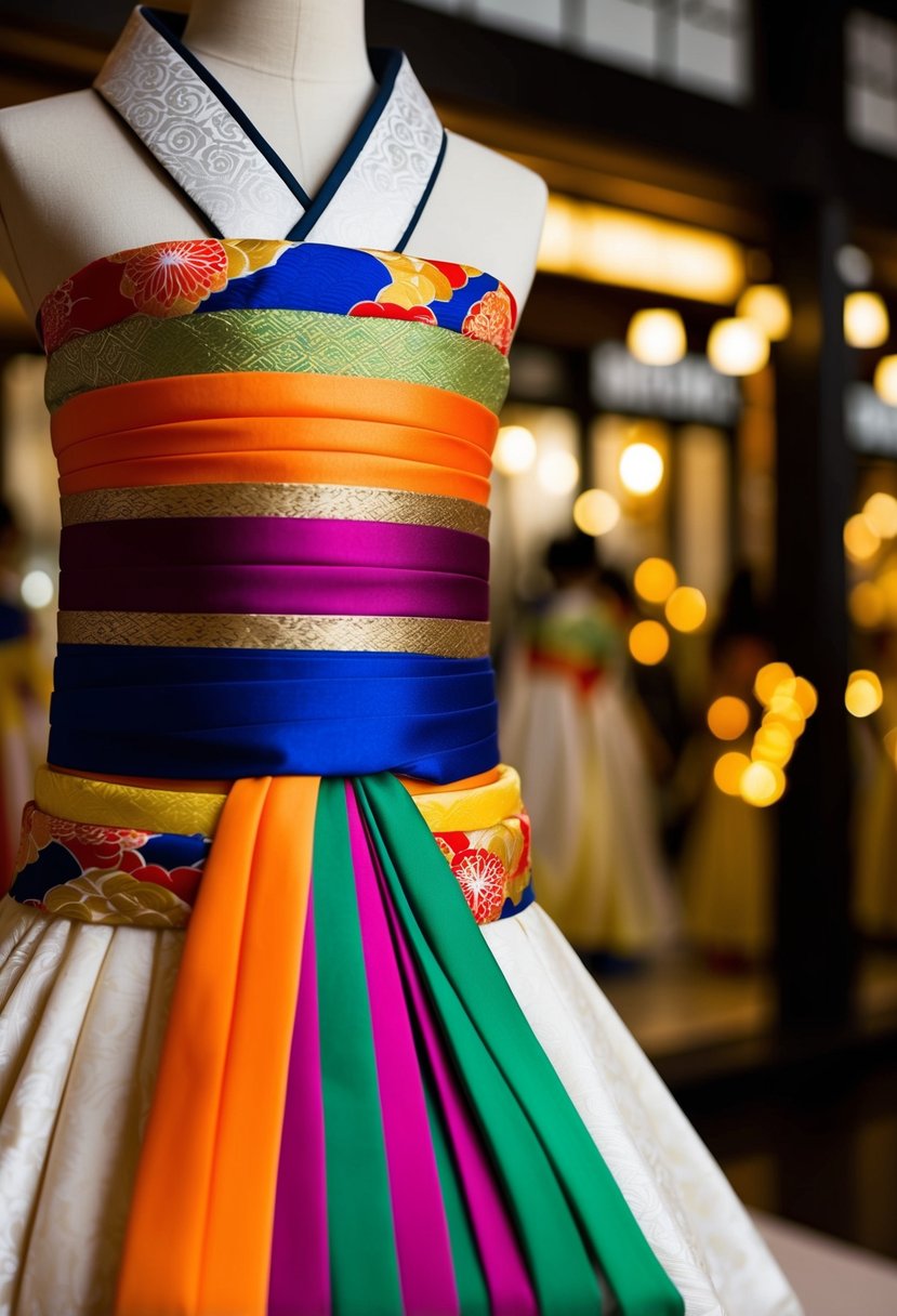 A display of vibrant obi sashes arranged on a traditional Japanese wedding dress