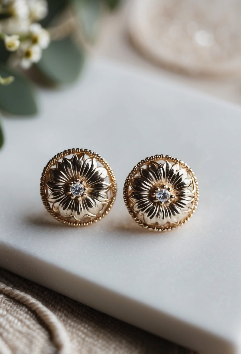 A pair of delicate huggie earrings adorned with intricate floral motifs, perfect for a wedding ensemble