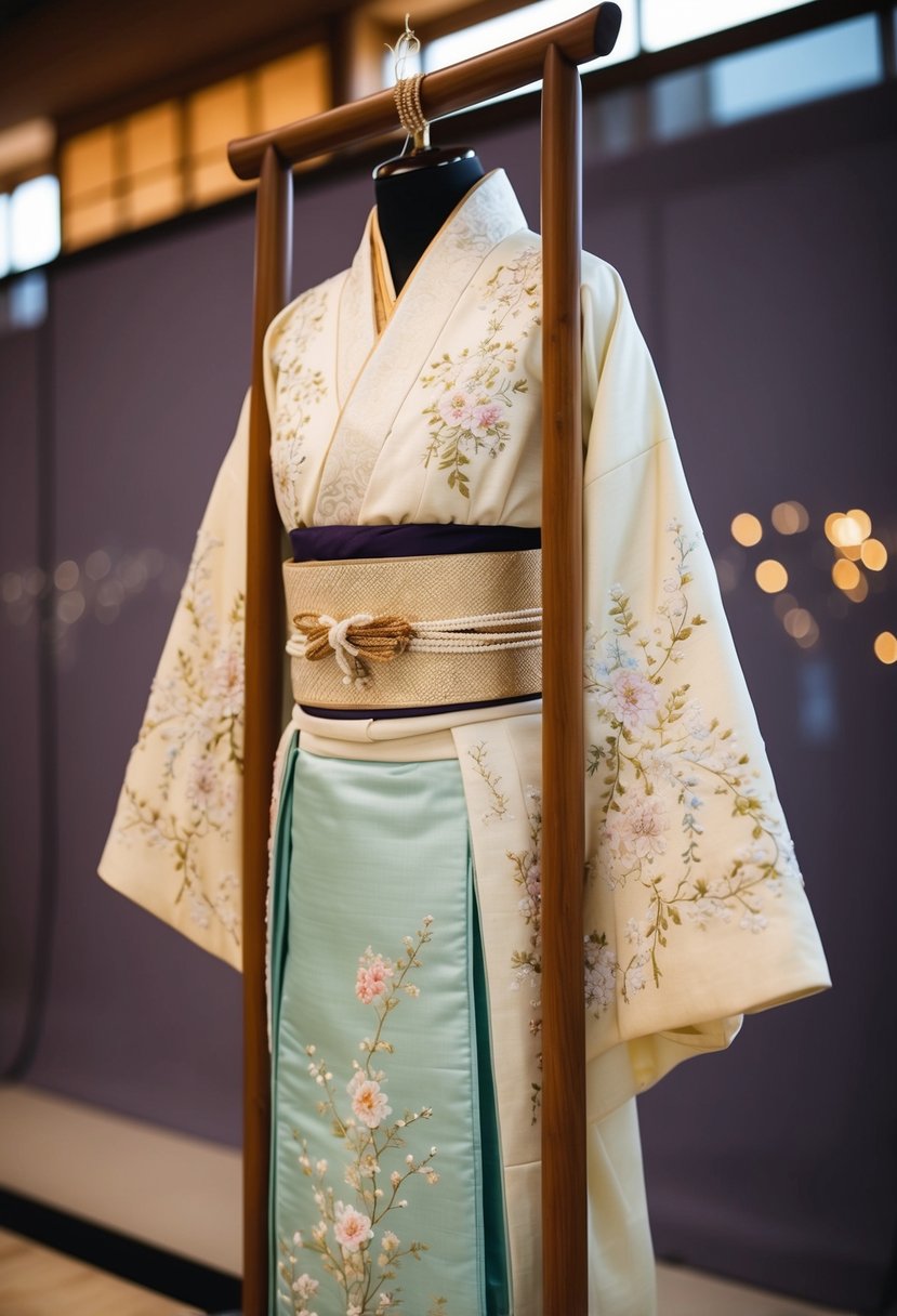 A serene, traditional Japanese wedding kimono displayed on a wooden stand, adorned with intricate embroidery and delicate floral patterns