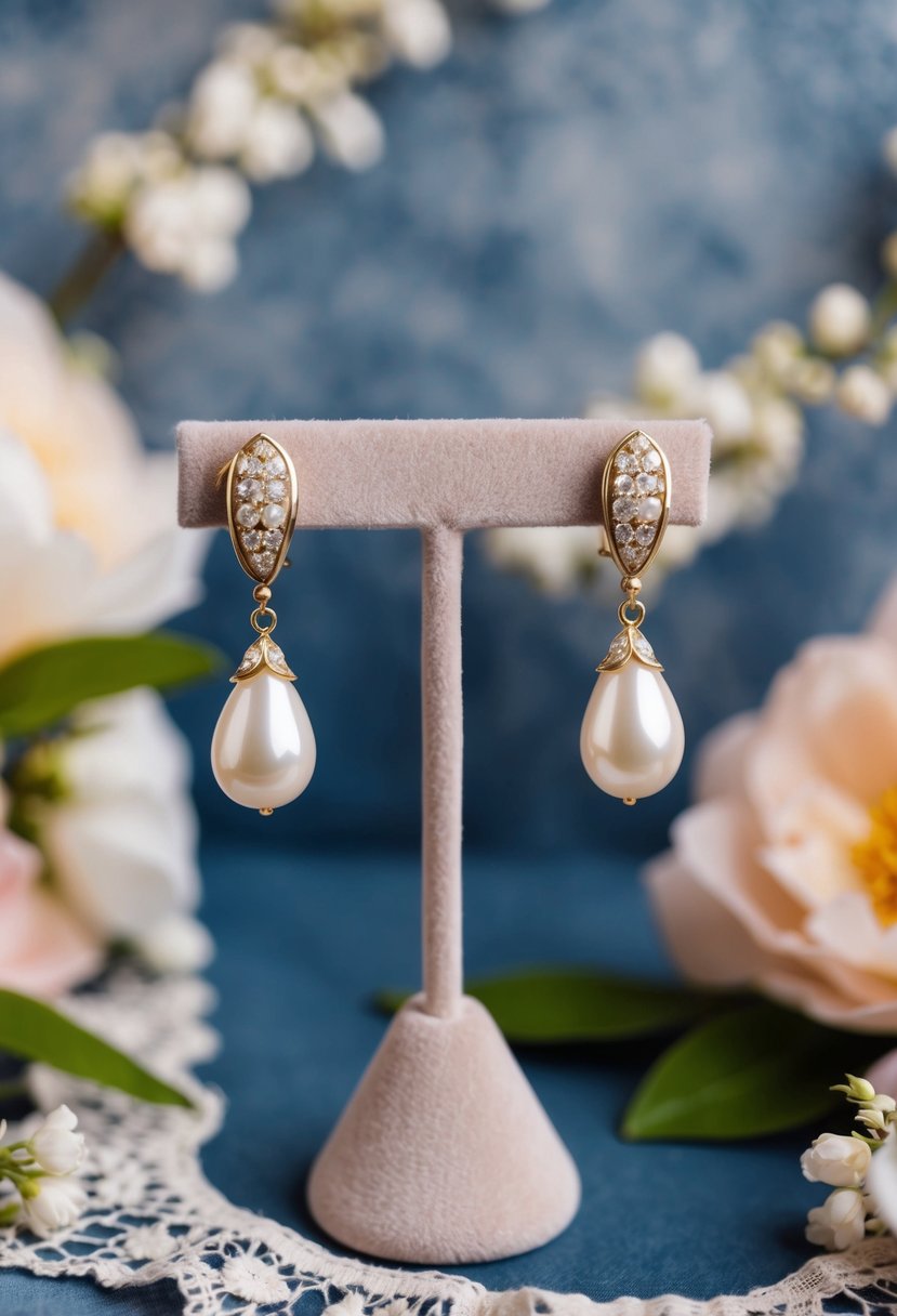 A vintage-inspired pair of pearl drop huggie earrings displayed on a velvet jewelry stand, surrounded by delicate lace and floral accents