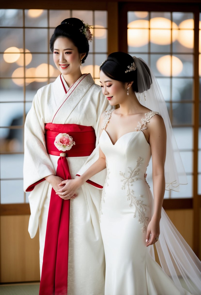 A traditional Japanese bride in a white kimono with a red obi, and a modern bride in a sleek white gown with delicate floral embroidery