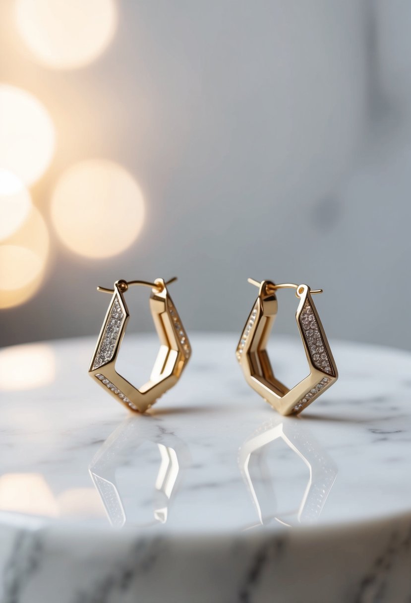 A pair of modern geometric earrings displayed on a white marble surface with soft lighting, showcasing their intricate design and elegant huggie style